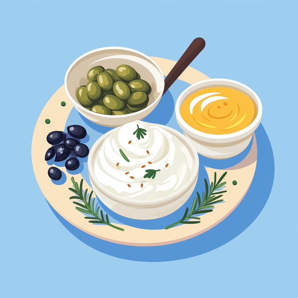 Greek snacks like tzatziki, Greek yogurt with honey, and olives on a table