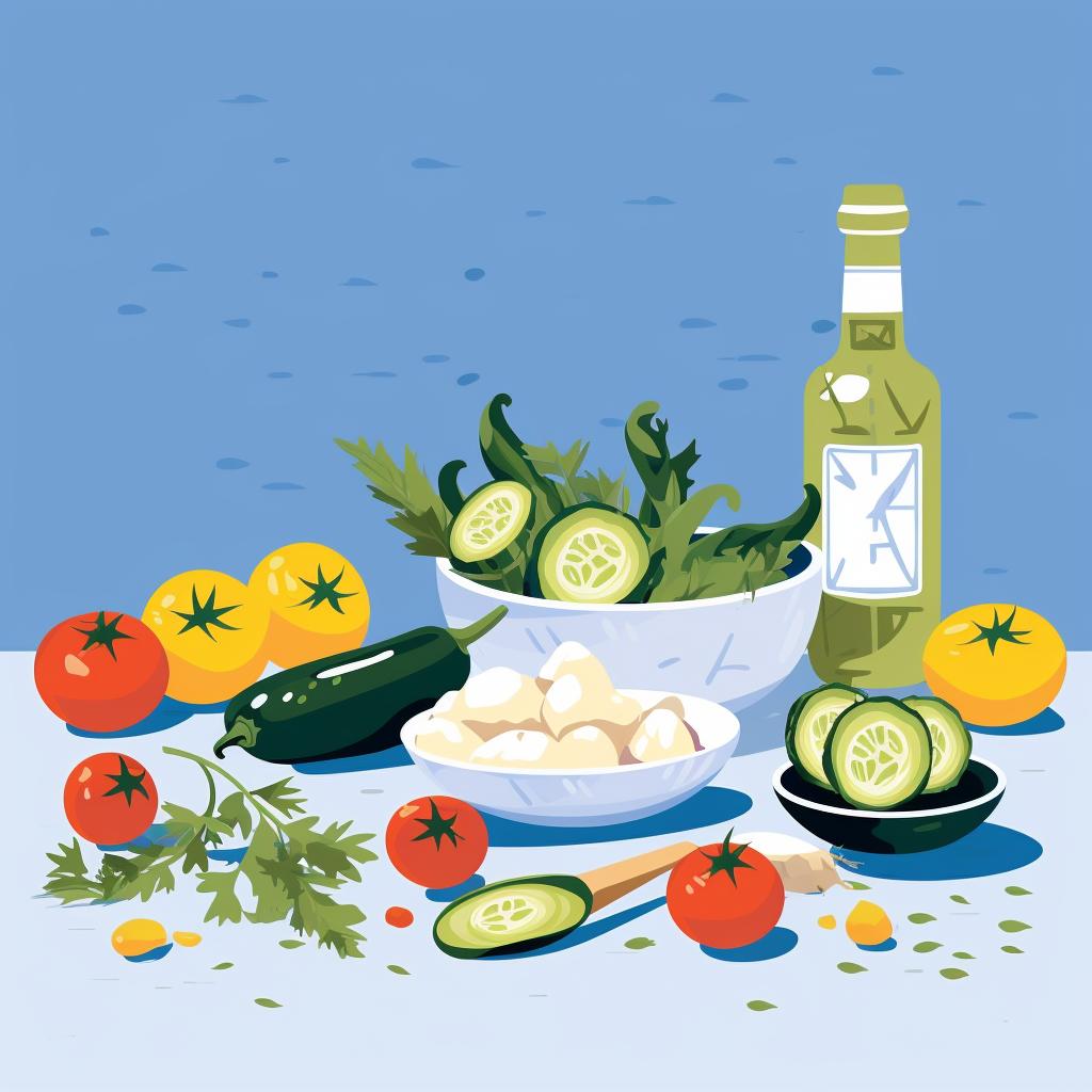 Greek ingredients like olive oil, yogurt, and fresh vegetables on a kitchen counter