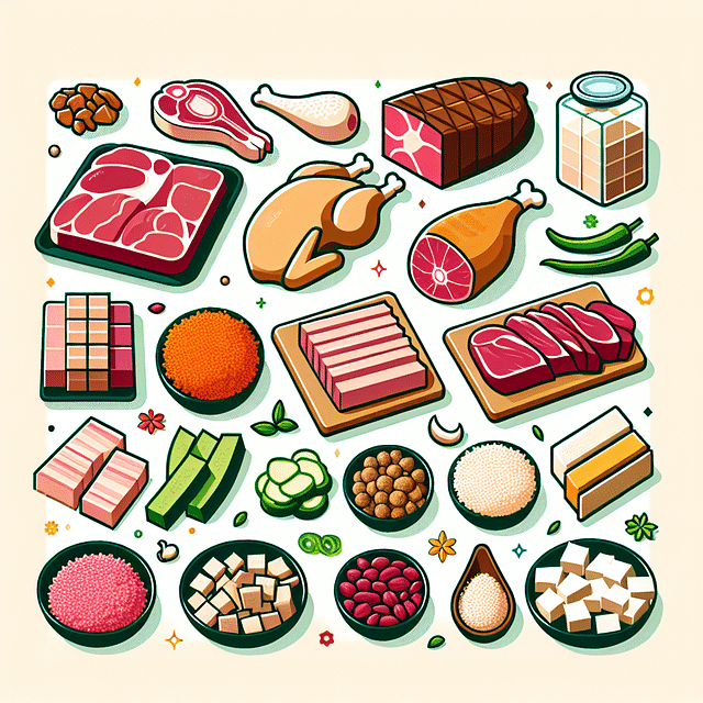 Assorted halal-certified meats and plant-based proteins