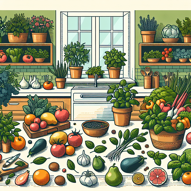 Fresh fruits and vegetables displayed in a kitchen, with herbs growing in pots