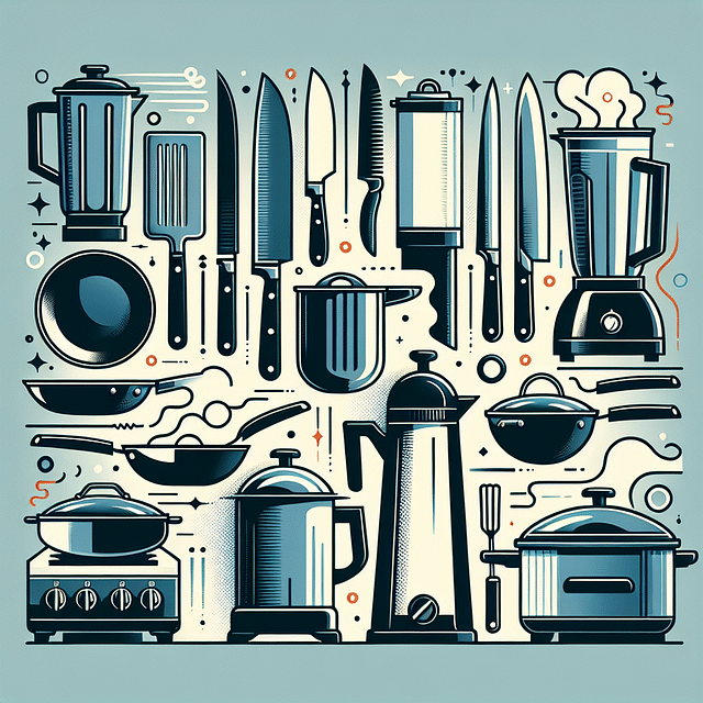 Kitchen tools including knives, pots, pans, blender, steamer, and grill pan