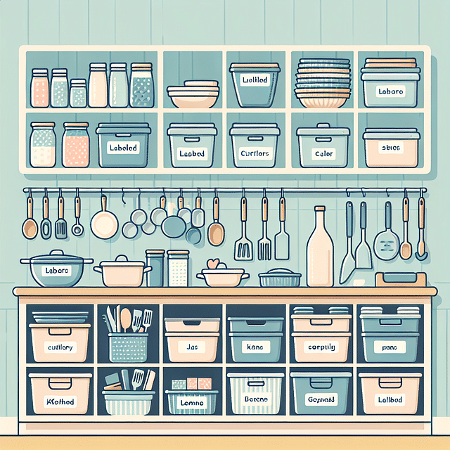 A neatly organized kitchen with labeled containers and grouped items
