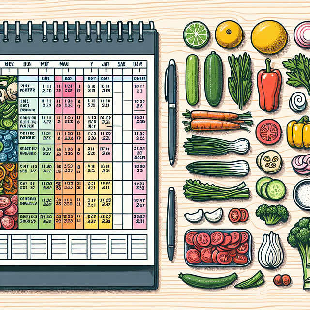 Meal planning calendar and prepped ingredients ready for cooking