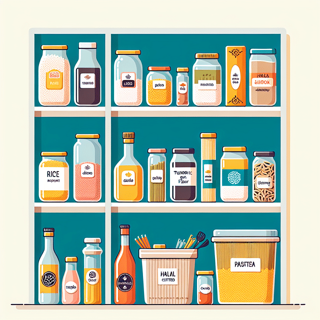 A well-organized pantry filled with halal-certified staples and spices