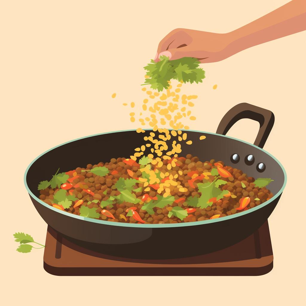 Cooked lentils being added to the pan with tadka