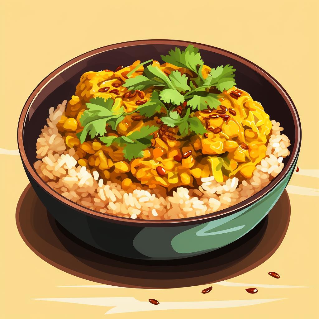 Bowl of Dal Tadka garnished with coriander leaves, served with brown rice