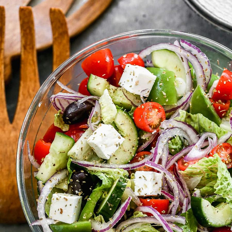 Fresh and colorful Greek salad with assorted vegetables and feta cheese