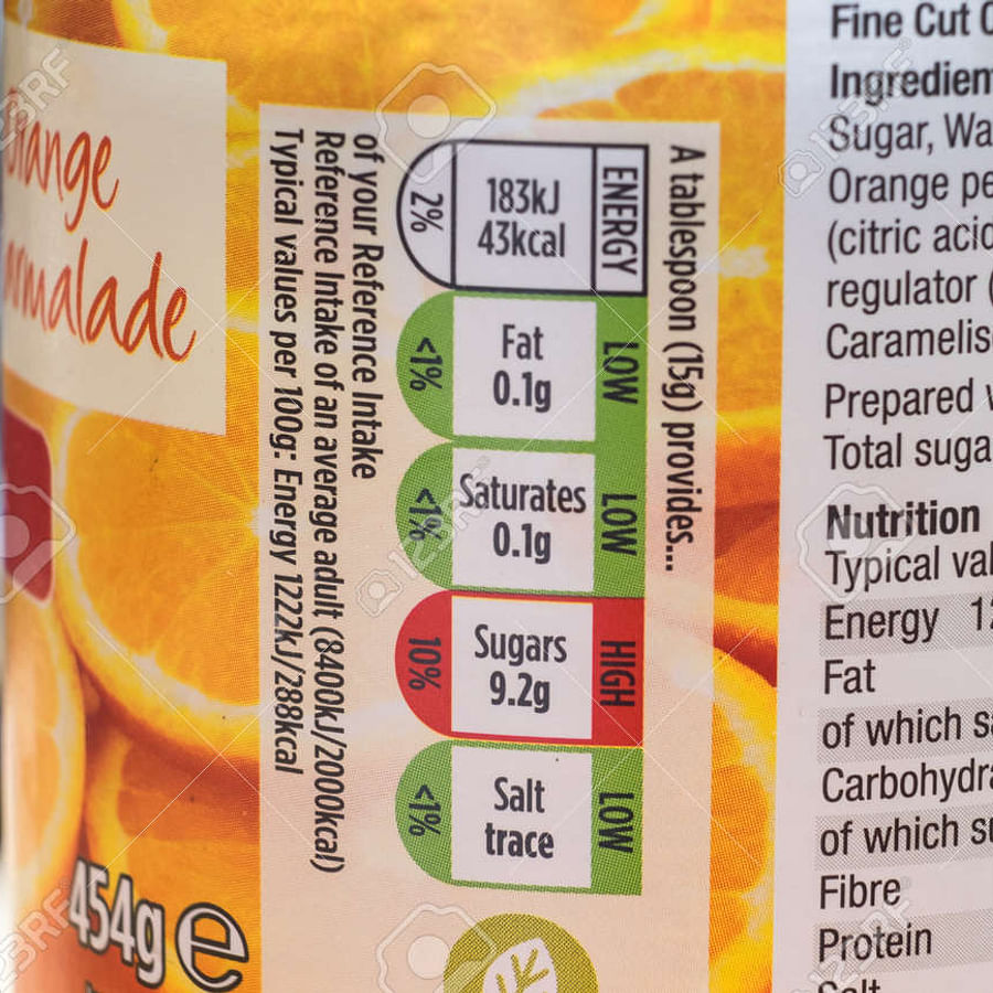 Close-up view of a typical food label showing nutritional information