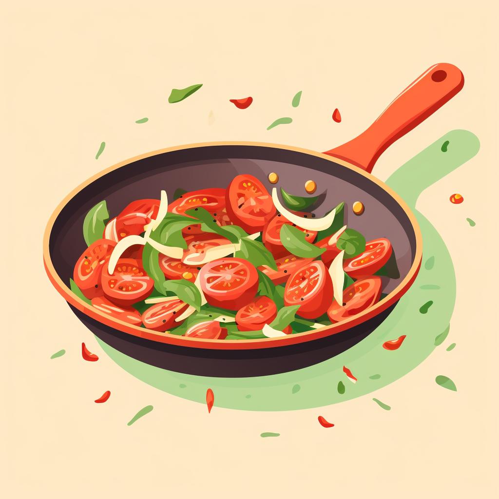 Frying pan with sautéed onions, chilies, and tomatoes