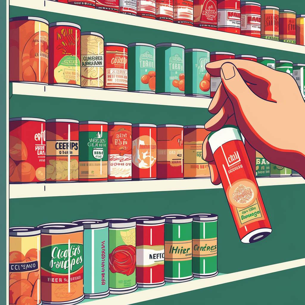 A hand picking a can labeled 'low-sodium' from a supermarket shelf.