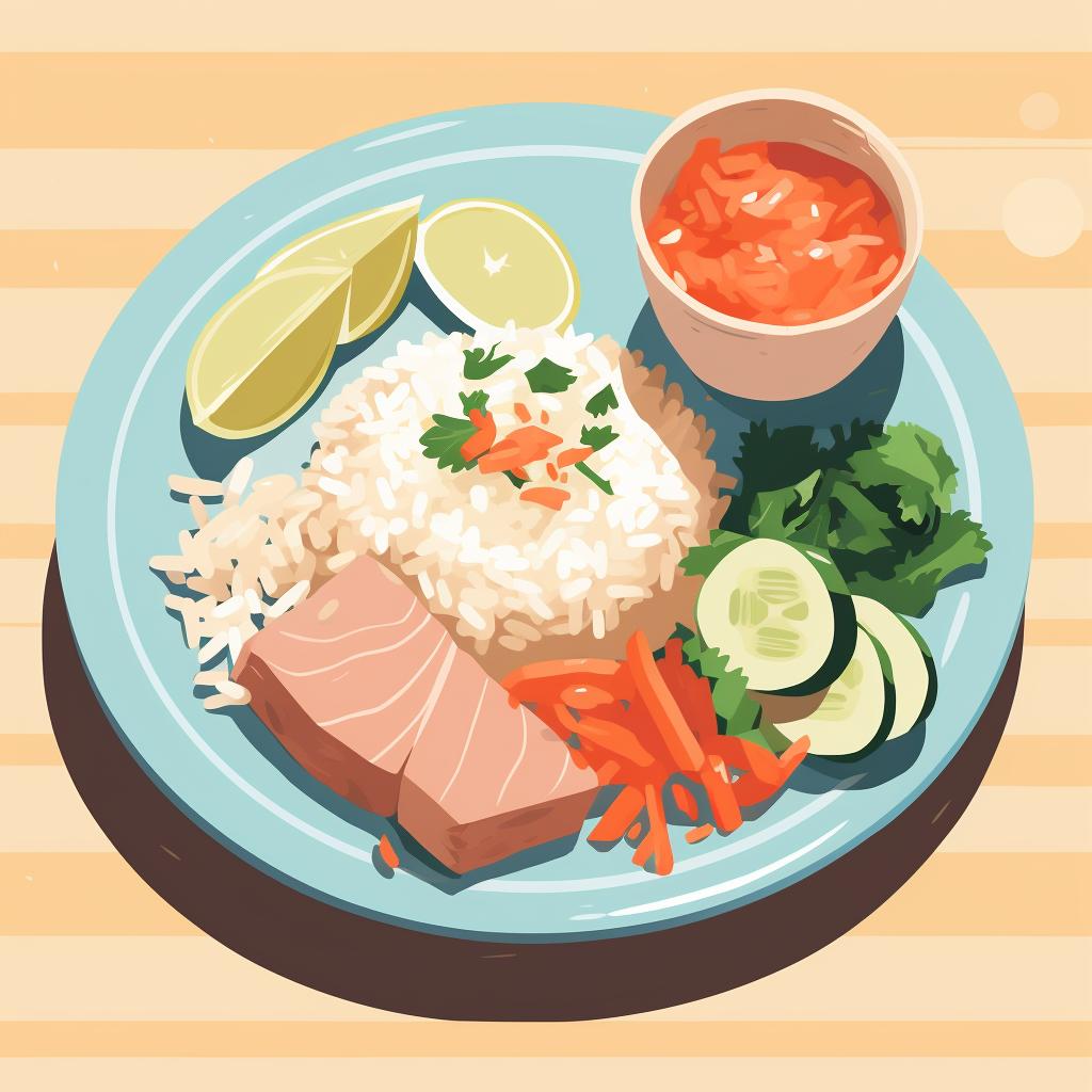 A well-portioned plate with canned tuna, fresh vegetables, and a serving of rice.
