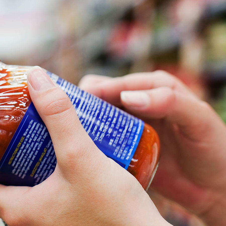 Close up view of a canned food label showing nutritional information