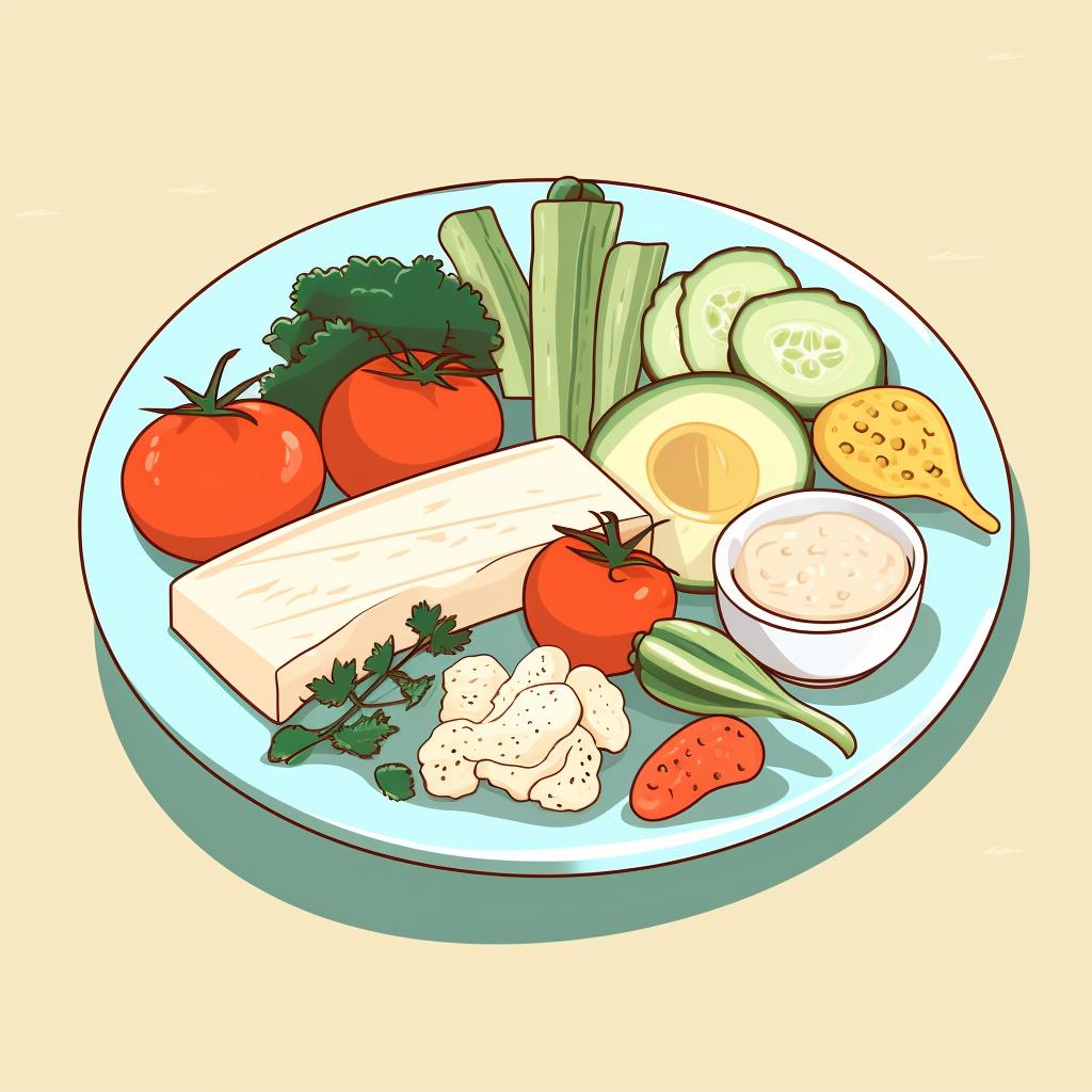 A plate with vegetables, protein, whole grains, and a side of dairy or dairy alternative