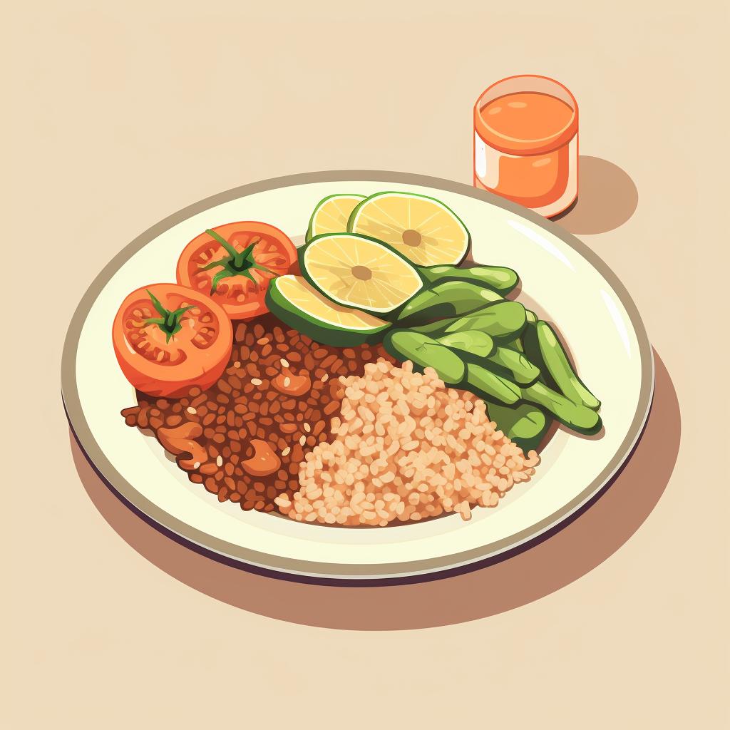 A plate with vegetables, protein, and a portion of whole grains